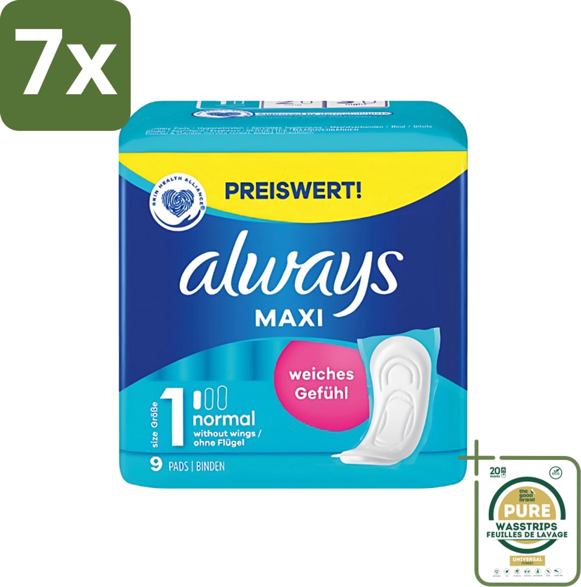 7 x Always Maxi - Maandverband - Maat 1 - Normal - 9 Pads - Grootverpakking - Maandverband - Menstruatie - Absorptie - Comfort - Hygiëne
