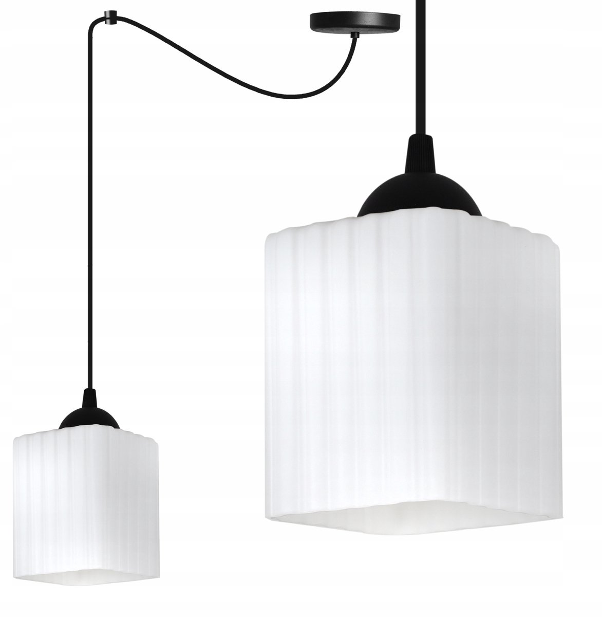 Moderne hanglamp RIFFLE met gewreven wit glas, zwart metaal, E27