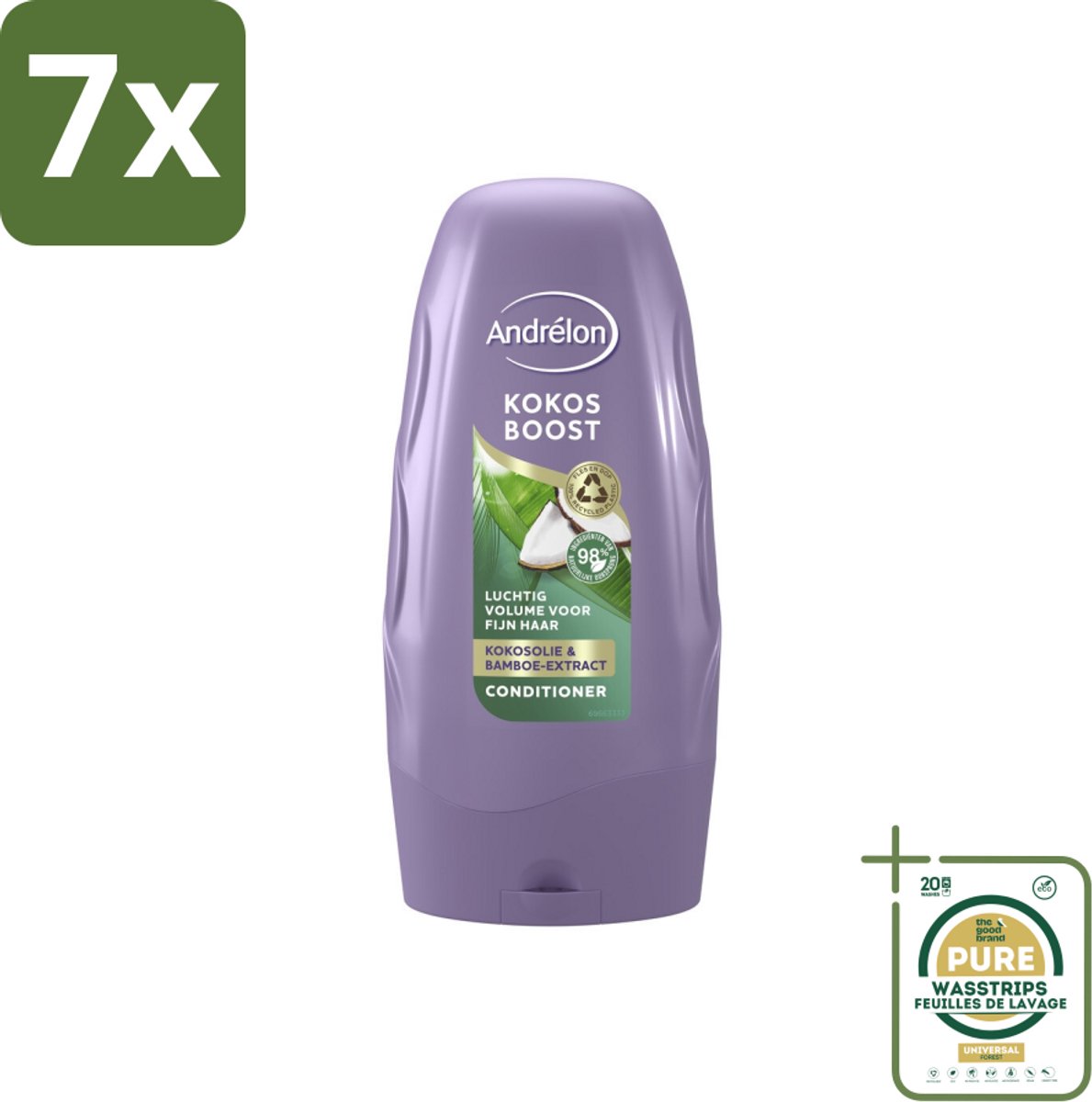 7 x Andrélon - Kokos Boost - Conditioner - Intensieve Voeding - 250 ml - Grootverpakking - Fijn Haar - Volume - Voeding - Kokosolie - Bamboe-extract