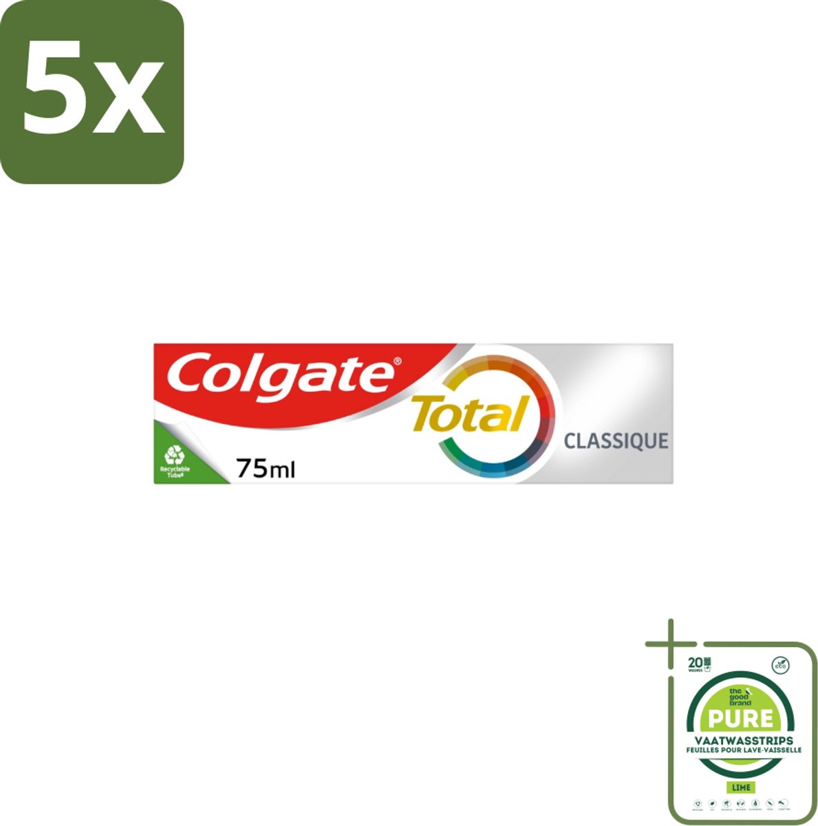 5 x Colgate - Total Classic - Tandpasta - 75ml - Grootverpakking - Tandpasta - Mondhygiëne - Tandplak - Tandsteen - Gaatjes