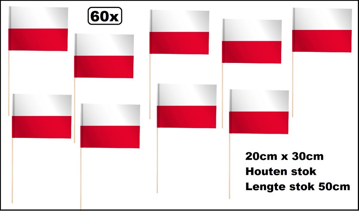 60 stuks Luxe Zwaaivlaggetjes op stok Polen 20cm x 30cm - lengte stok 50cm - Zwaai vlaggetjes thema feest voetbal festival uitdeel