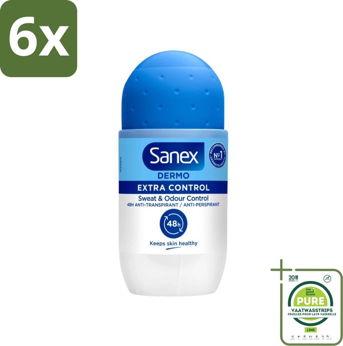 Sanex - Deodorant - Roller - Dermo Extra Control - Extra Bescherming tegen Geur - 50 ml - Voordeelverpakking - 6 stuks - Sanex Dermo Extra Control - Anti-transpirant roller