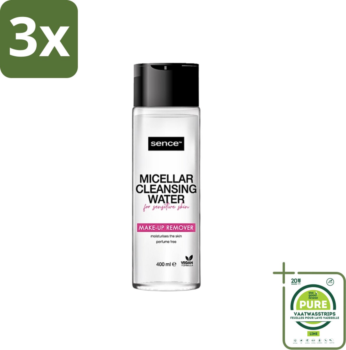 3 x Sence - Gevoelige Huid - Micellair Water - Make-up Remover - 400 ml - Grootverpakking - Gevoelige Huid - Make-up Remover - Micellair Water - Hypoallergen - Parfumvrij