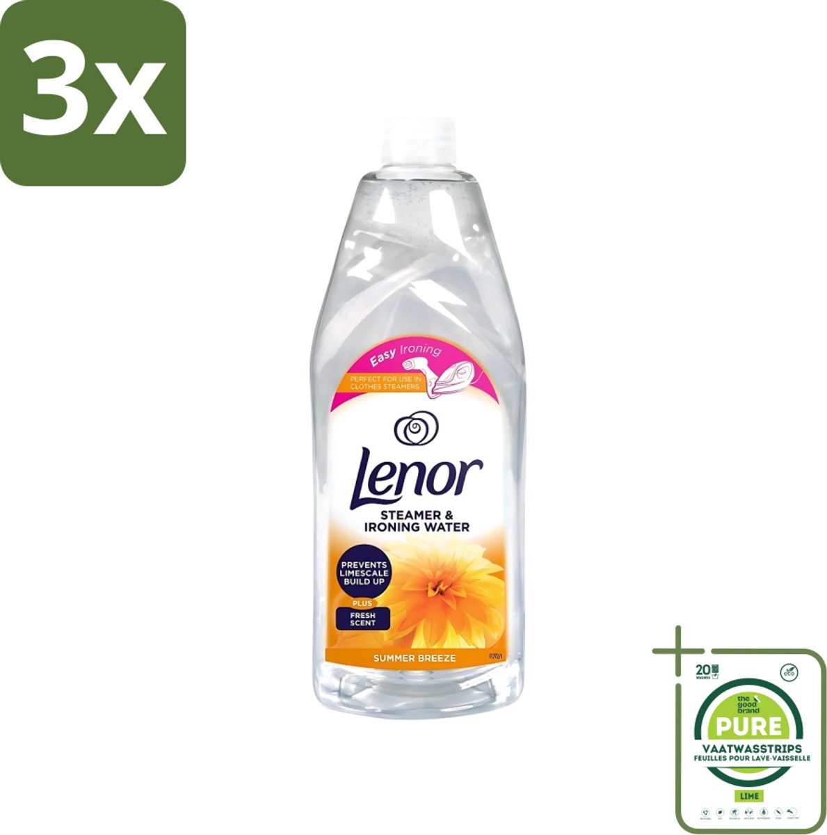 3 x Lenor Strijkwater Summer Breeze 1 liter - Grootverpakking - Strijkwater Summer Breeze - Zomerse Geur - Textielverfrisser - Wasgoed Geur - Kleding Verzorgen