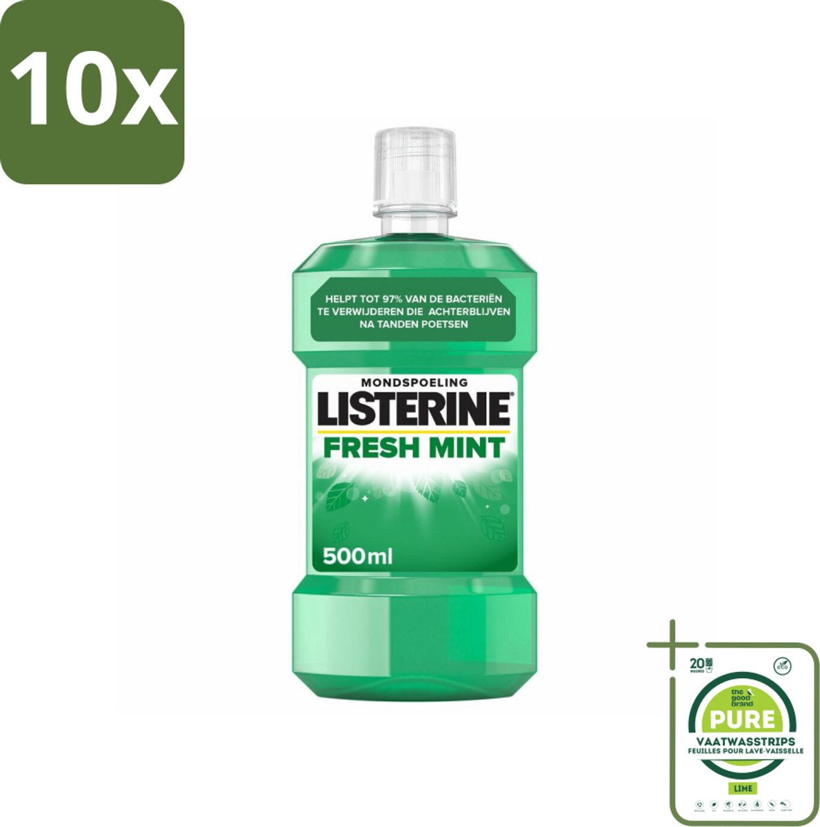 10 x Listerine Mondwater Fresh Mint 500 ml - Grootverpakking - Mondspoeling - Mondwater - Mondverzorging - Tandplak - Frisse Adem