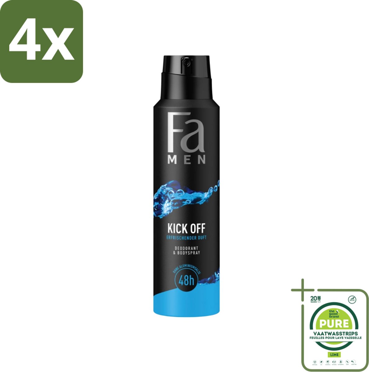 Fa Men - Deodorant Lichaamsspray - Kick-Off - Verfrissend - 48 uur Bescherming - 150 ml - Voordeelverpakking - 4 stuks - Deodorant spray - 48 uur bescherming