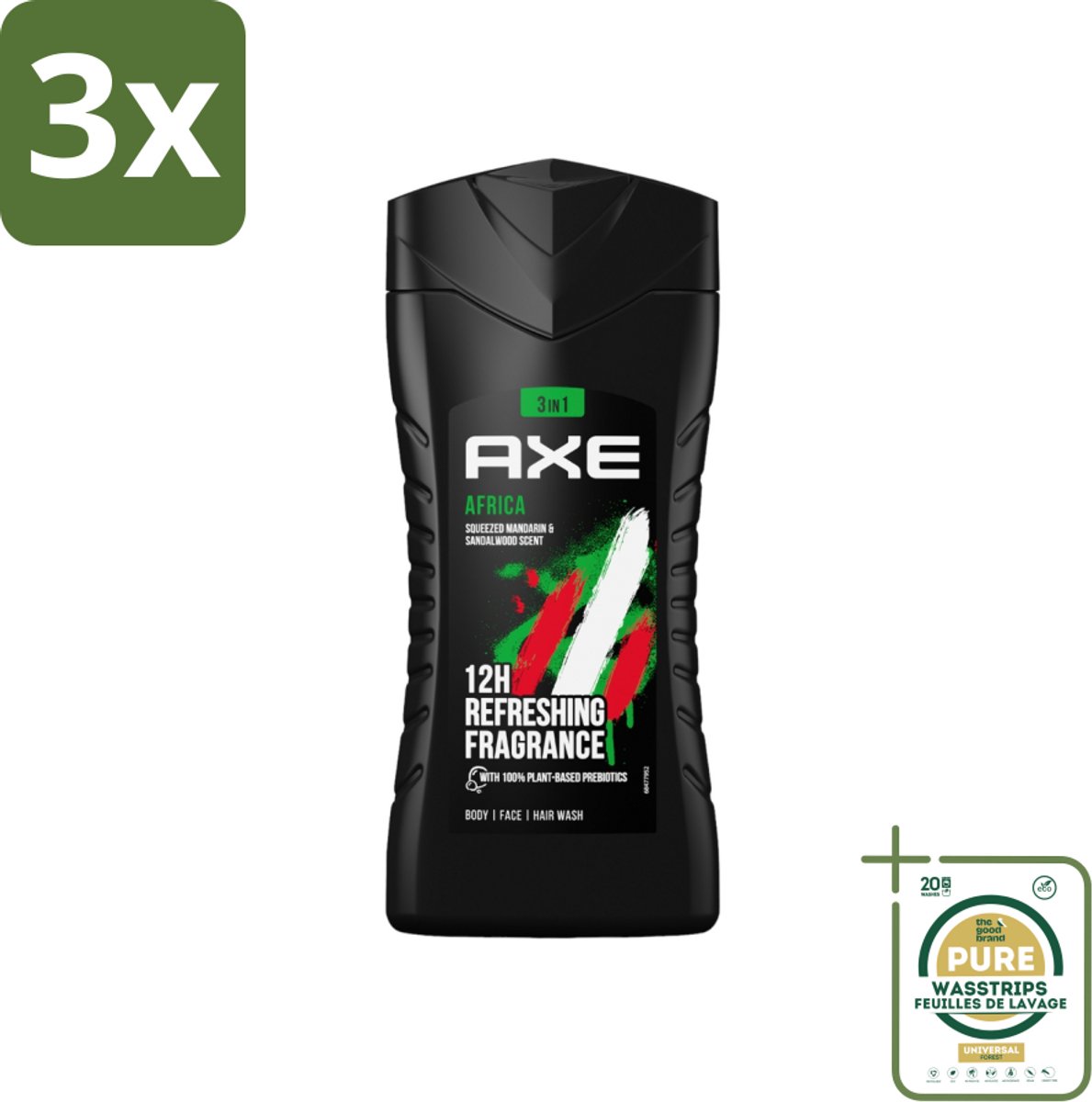 3 x Axe - 3-in-1 Douchegel - Africa - Squeezed Mandarin & Sandalwood - 100% Plantaardig - 250 ml - Grootverpakking - Axe Africa Douchegel - Douchegel - 3-in-1 Douchegel - 100% Plantaardig - Mandarin En Sandalwood