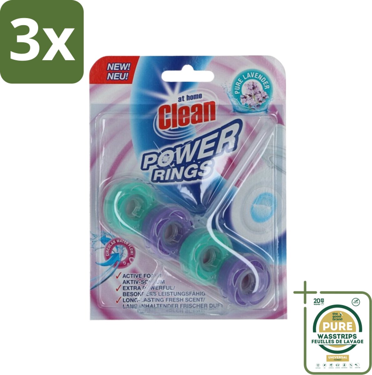 3 x At Home - Clean - Toiletblok - Power Rings - Pure Lavender - Extra Sterk - 1 Blok - Grootverpakking - Toiletblok - Lavendel - Reiniging - Frisheid - Toiletgeur