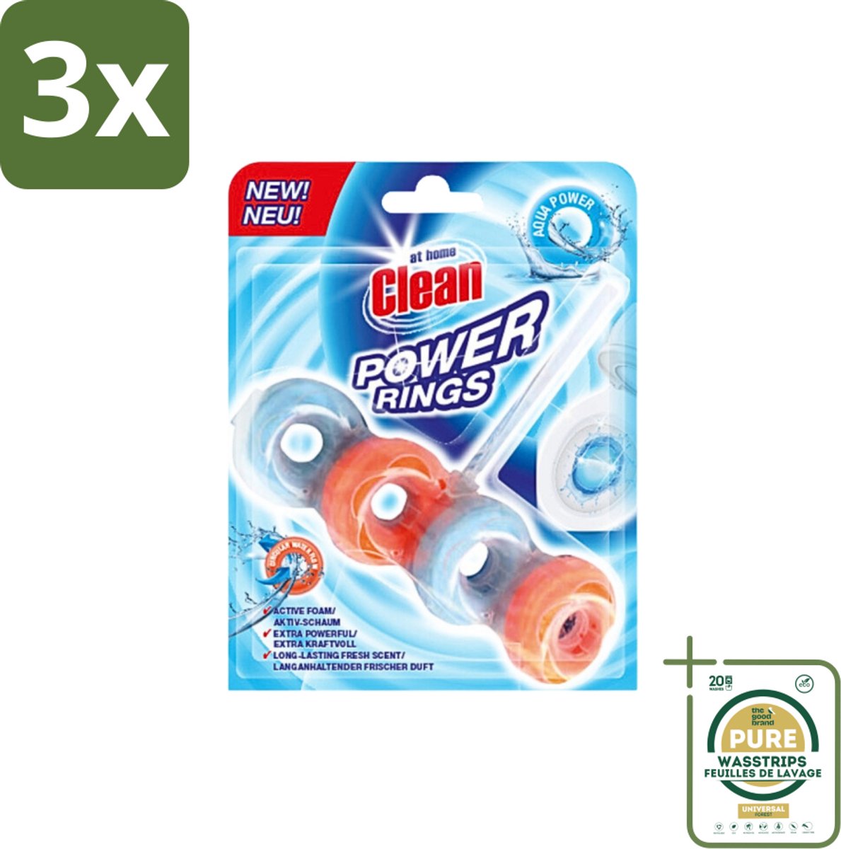 3 x At Home - Clean - Toiletblok - Power Rings - Aqua Power - Extra Sterk - 1 Blok - Grootverpakking - Toiletblok - Reiniging - Frisheid - Toilet Reinigen - Aqua Geur