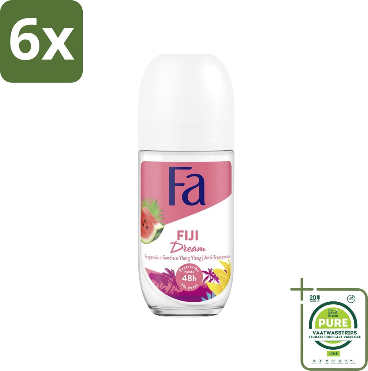 Fa - Deodorant Roller - Fiji Dream - Watermeloen & Ylang Ylang - 48 uur Bescherming - 50 ml - Voordeelverpakking - 6 stuks - 48 uur bescherming - Deodorant roll-on