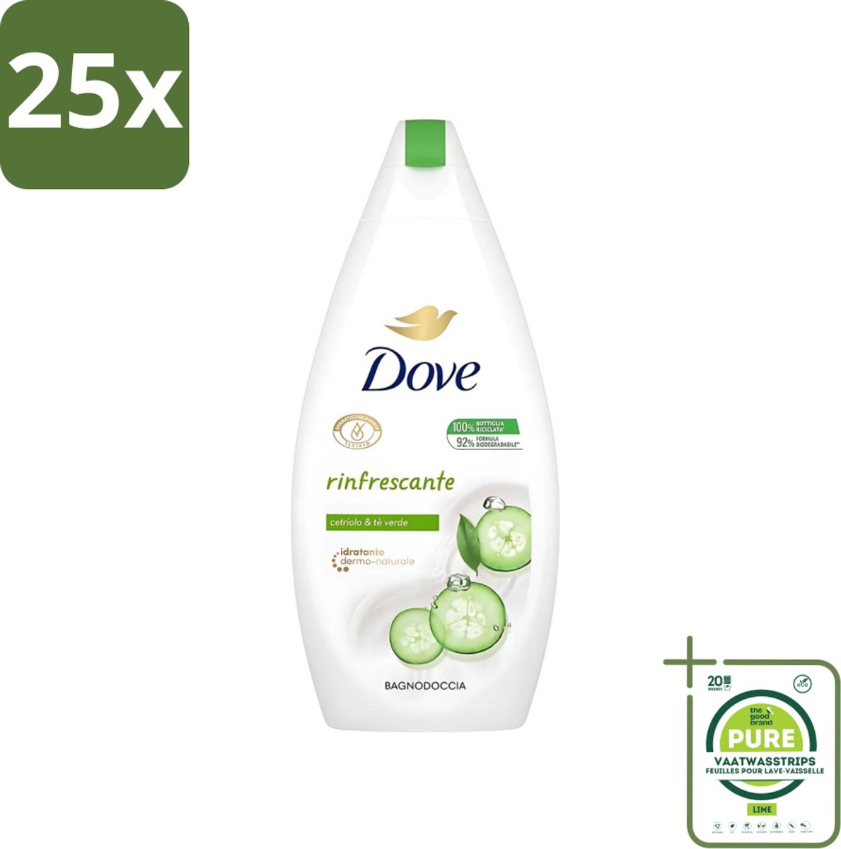 25 x Dove - Douchegel - Refreshing - Komkommer & Groene thee - Verfrissend - 400 ml - Grootverpakking - Douchegel - Frisheid - Reiniging - Uitdroging - Scrub