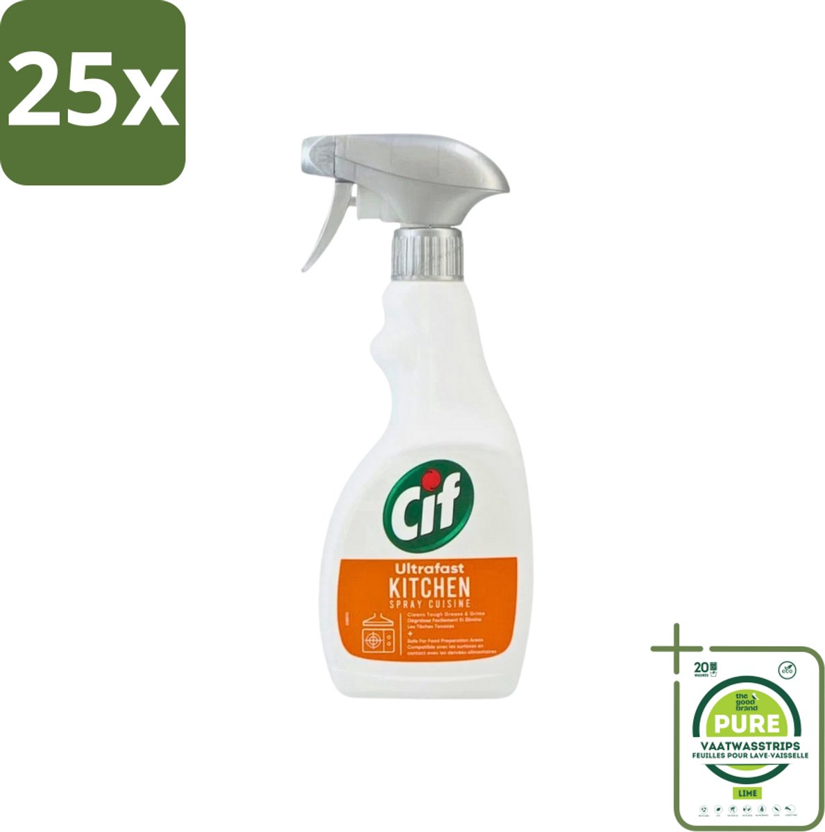 25 x Cif - Keuken Spray - Super Snel - Verwijdert Hardnekkig Vuil - 500ml - Grootverpakking - Keuken Schoonmaken - Vet Verwijderen - Keuken Vuil Verwijderen - Snel Schoonmaken - Voedselbereidingsoppervlakken