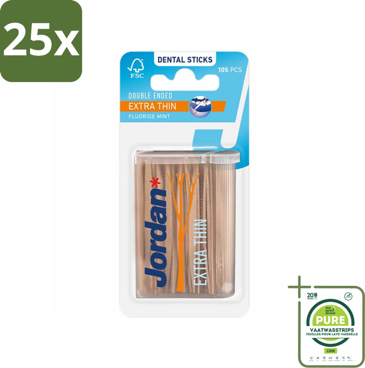 25 x Jordan Tandenstokers Double Ended Extra Thin 105 stuks per verpakking - Grootverpakking - Tandenstokers - Interdentale Ruimtes - Tanden Reinigen - Tandplak Verwijderen - Fluoride
