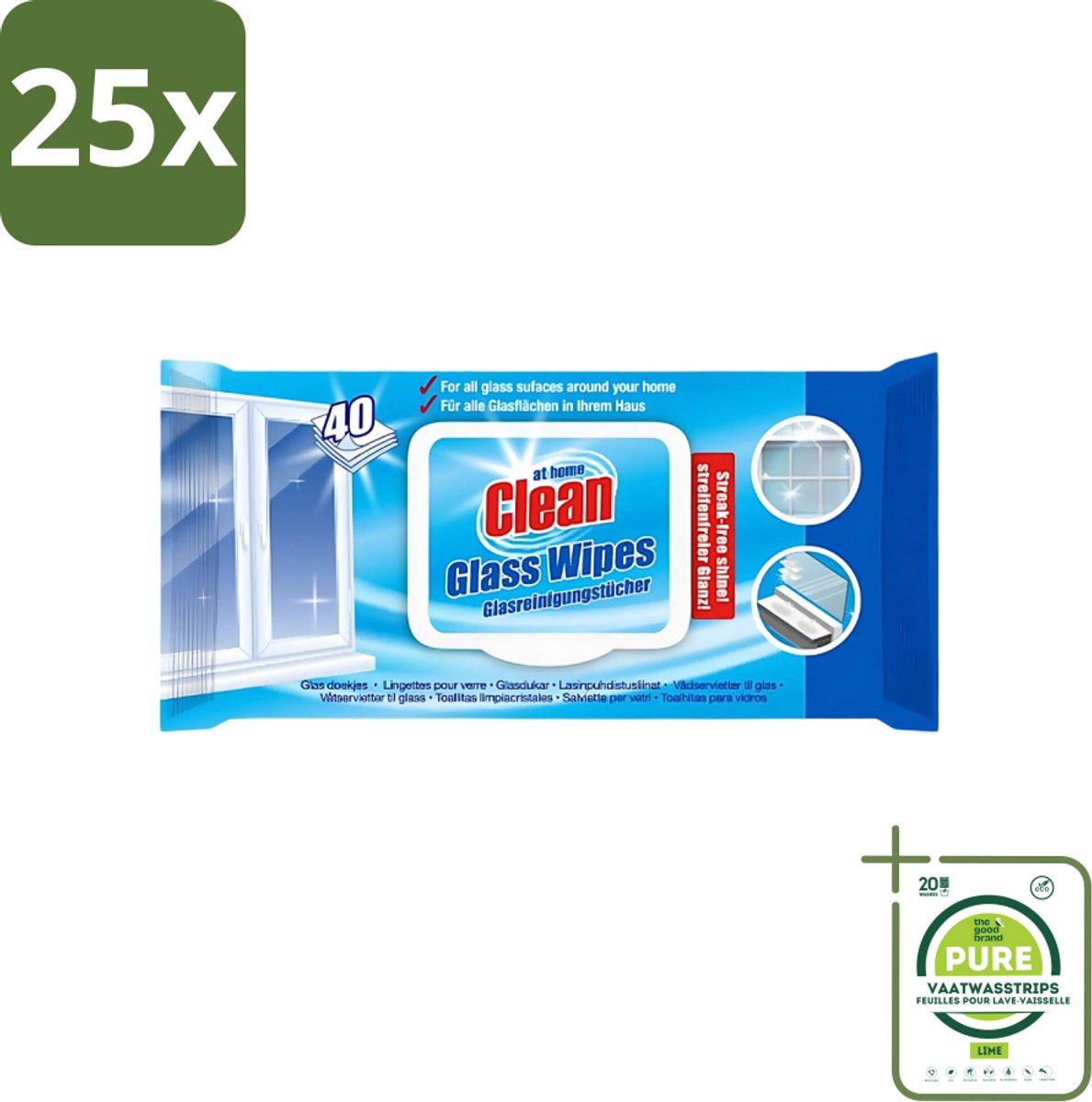 25 x At Home - Clean - Glas Reinigingsdoekjes - Reinigt Streepvrij - 40 Doekjes - Grootverpakking - Reinigingsdoekjes Glas - Streepvrije Doekjes - Glas Reinigen - Ruiten Reinigen - Spiegels Reinigen