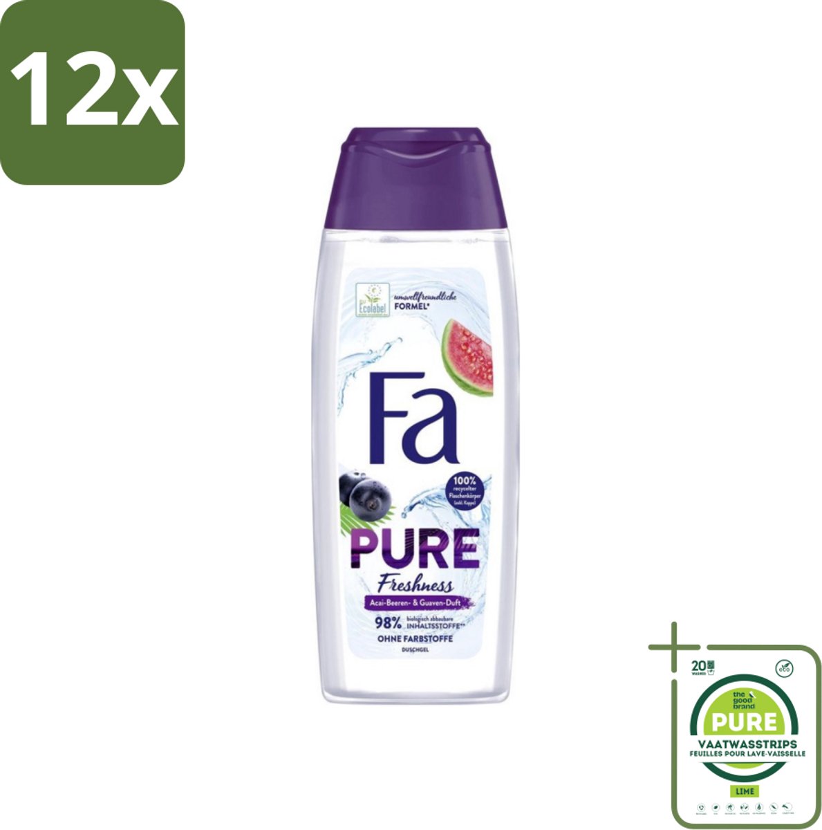 Fa - Douchegel - Pure Freshness - Acai & Guave - Verfrissend & Verzorgend - 250 ml - Voordeelverpakking - 12 stuks - Douchegel - Acai