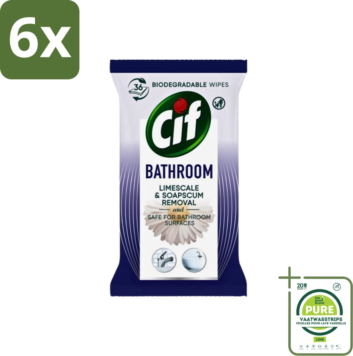 Cif - Badkamer - Hygiënische Doekjes - Kalkaanslag & Zeepresten Verwijderen - 36 stuks per verpakking - Voordeelverpakking - 6 stuks - Badkamer doekjes - Hygiëne doekjes