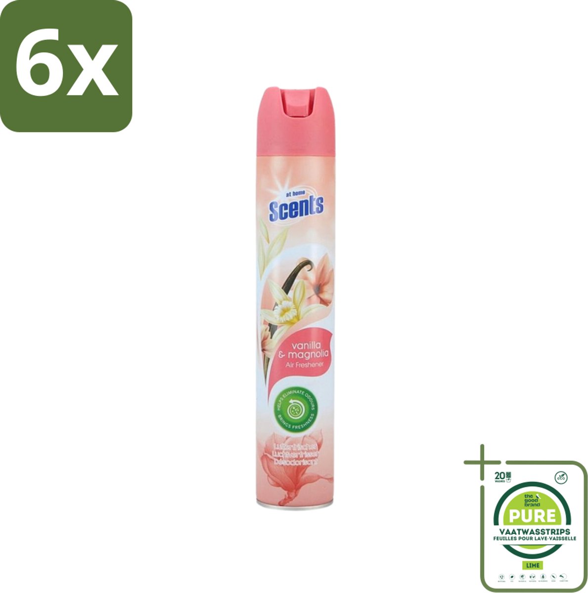 At Home - Scents - Luchtverfrisser - Vanilla & Magnolia - Verwijdert Vieze Geurtjes - 400 ml - Voordeelverpakking - 6 stuks - Luchtverfrisser - Geur neutraliseren