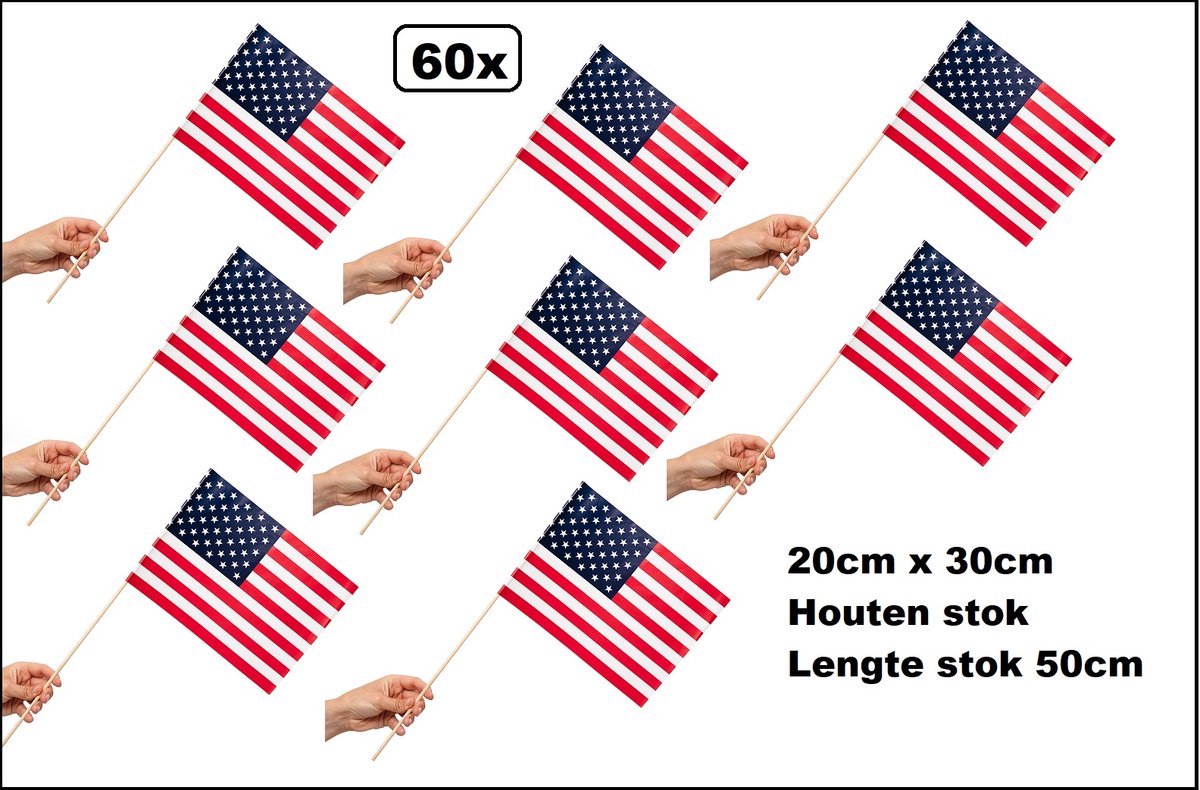 60 stuks Luxe Zwaaivlaggetjes op stok Amerika 20cm x 30cm - lengte stok 50cm - Zwaai vlaggetjes USA thema feest voetbal festival uitdeel
