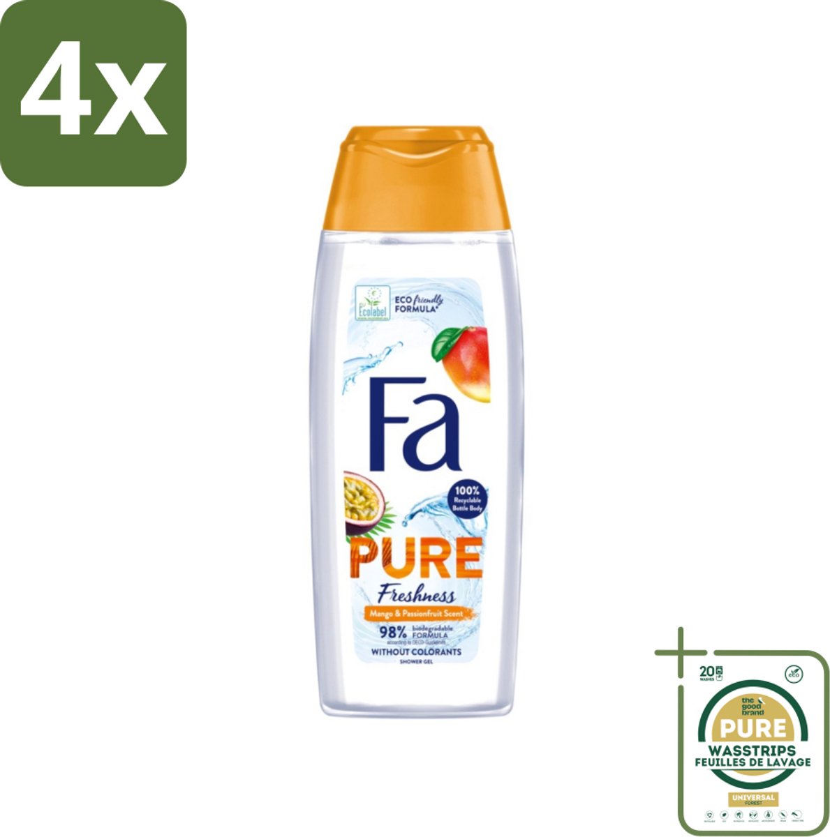 Fa - Douchegel - Pure Freshness Mango & Passievrucht - Verfrissend & Zoet - Hydraterend - 250 ml - Voordeelverpakking - 4 stuks - Hydraterende douchegel - Tropische geur