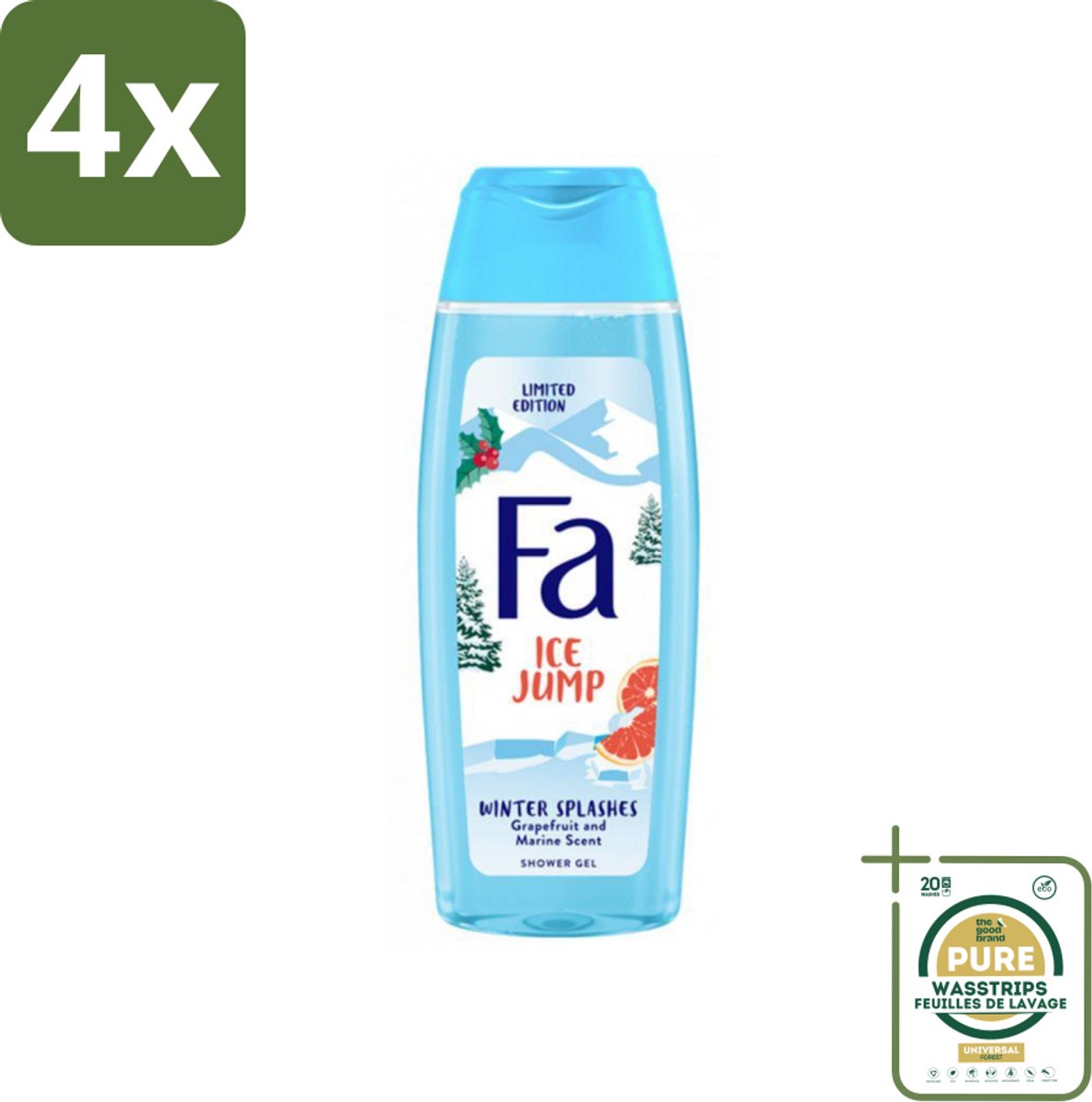Fa - Douchegel - Winter Splashes Ice Jump - Frisse Geur & Verfrissing - Verzorgend - 250 ml - Voordeelverpakking - 4 stuks - Grapefruit - Winter