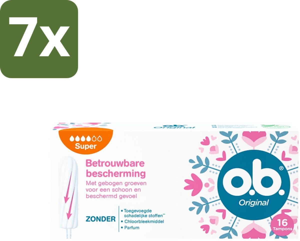7 x o.b. Tampons - Original Super - Gebogen Groeven - Voor Betrouwbare Bescherming - 16 Tampons - Tampons - Menstruatiebescherming - Gebogen Groeven - StayDry - Plantaardige Kern