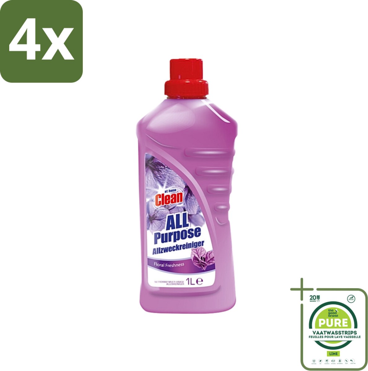 At Home - Clean - Allesreiniger - Floral - Verfrissened - 1 L - Voordeelverpakking - 4 stuks - Allesreiniger - Bloemige geur