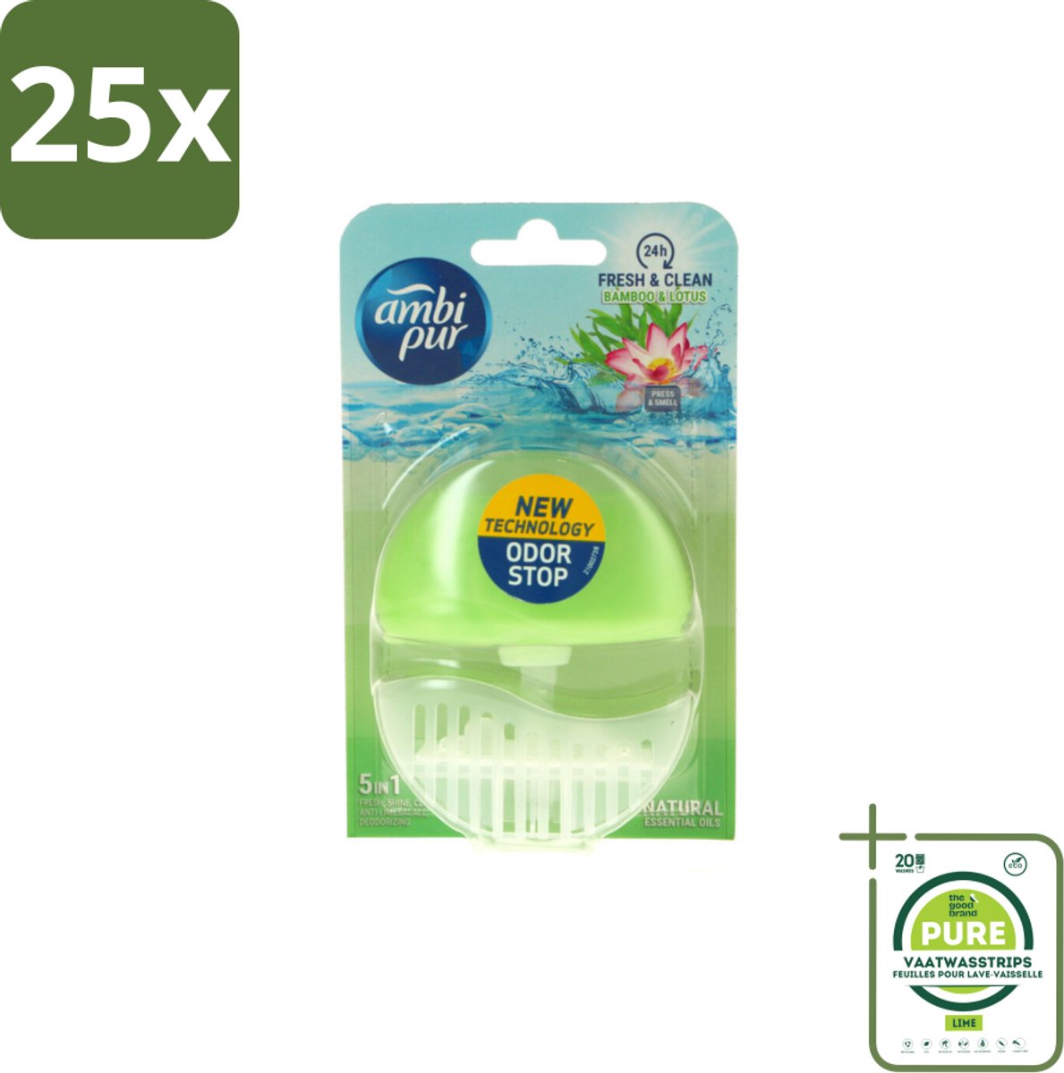 25 x Ambi Pur Toiletblok Starterkit 5in1 Bamboo & Lotus - Grootverpakking - Toiletblok - Toiletpot - Reiniging - Frisheid - Kalkaanslag