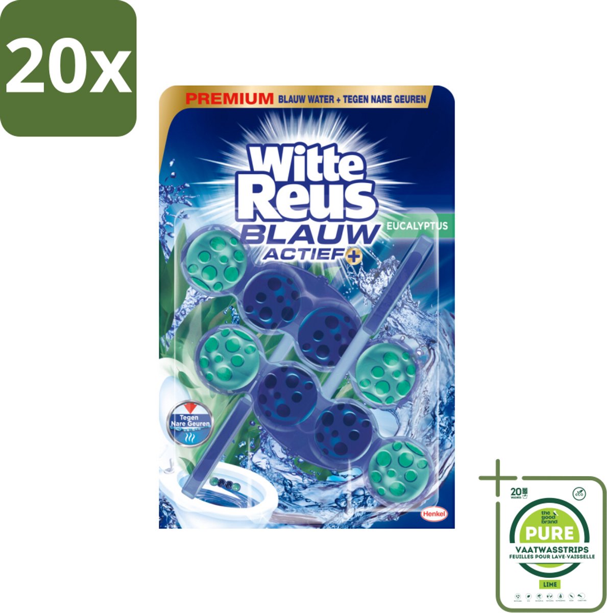 20 x Witte Reus Toiletblok Blauw Actief Eucalyptus 2 stuks per verpakking - Grootverpakking - Toiletblok - Reinigend Schuim - Blauw Water - Kalkaanslag - Vuil