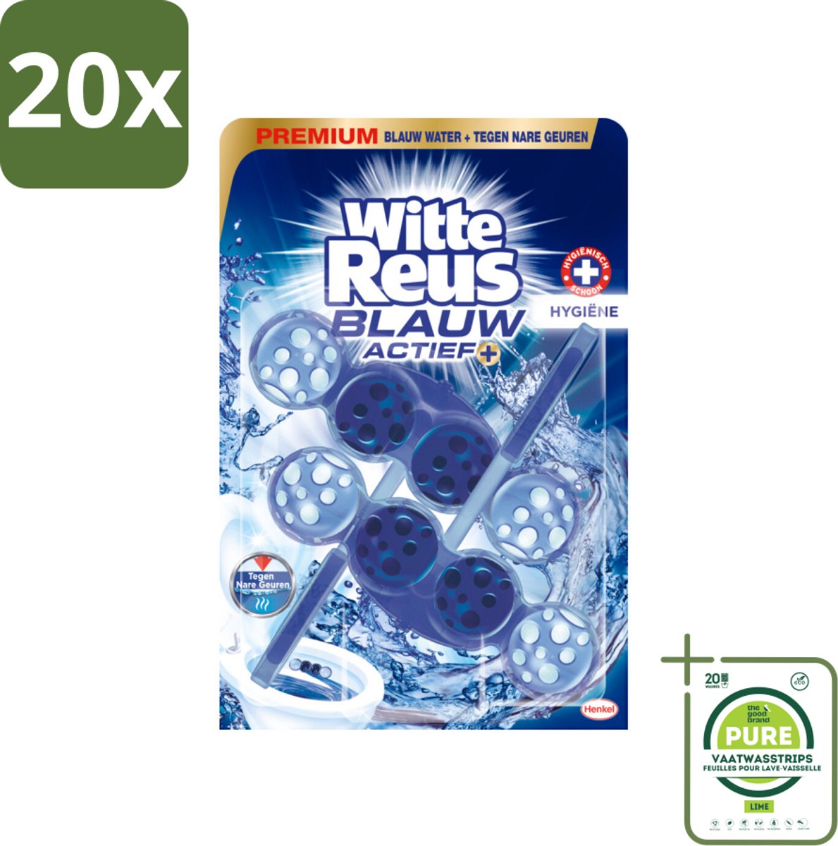 20 x Witte Reus Toiletblok Blauw Actief Hygiëne 2 stuks per verpakking - Grootverpakking - Toiletblok - Hygiëne - Reinigend Schuim - Blauw Water - Kalkaanslag