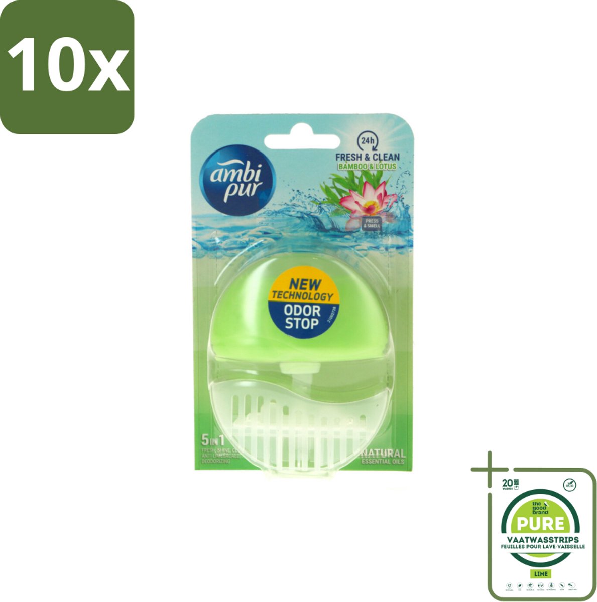 10 x Ambi Pur Toiletblok Starterkit 5in1 Bamboo & Lotus - Grootverpakking - Toiletblok - Toiletpot - Reiniging - Frisheid - Kalkaanslag