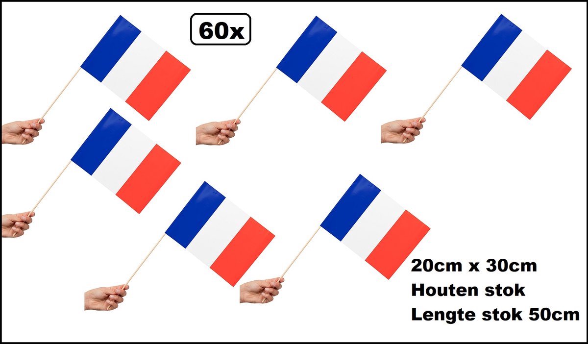 60 stuks Luxe Zwaaivlaggetjes op stok Frankrijk 20cm x 30cm - lengte stok 50cm - Zwaai vlaggetjes EK WK thema feest voetbal festival uitdeel
