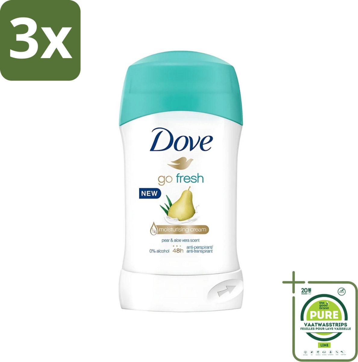 3 x Dove - Deodorant - Stick Go Fresh Pear & Aloe Vera - Frisse geur en bescherming - 40 ml - Grootverpakking - Dove Go Fresh - Deodorant Stick - Peer En Aloë Vera - Zweetbevochtiging - 48 Uur Bescherming