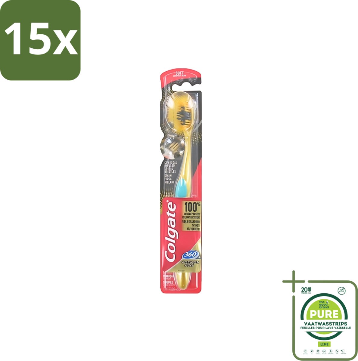 15 x Colgate - Tandenborstel - 360 Charcoal Gold Soft - Zwart/Goud - 1 Tandenborstel - Grootverpakking - Tandenborstel - Houtskool - Tanden Reinigen - Tanden Witter Maken - Tandenborstel Houtskool