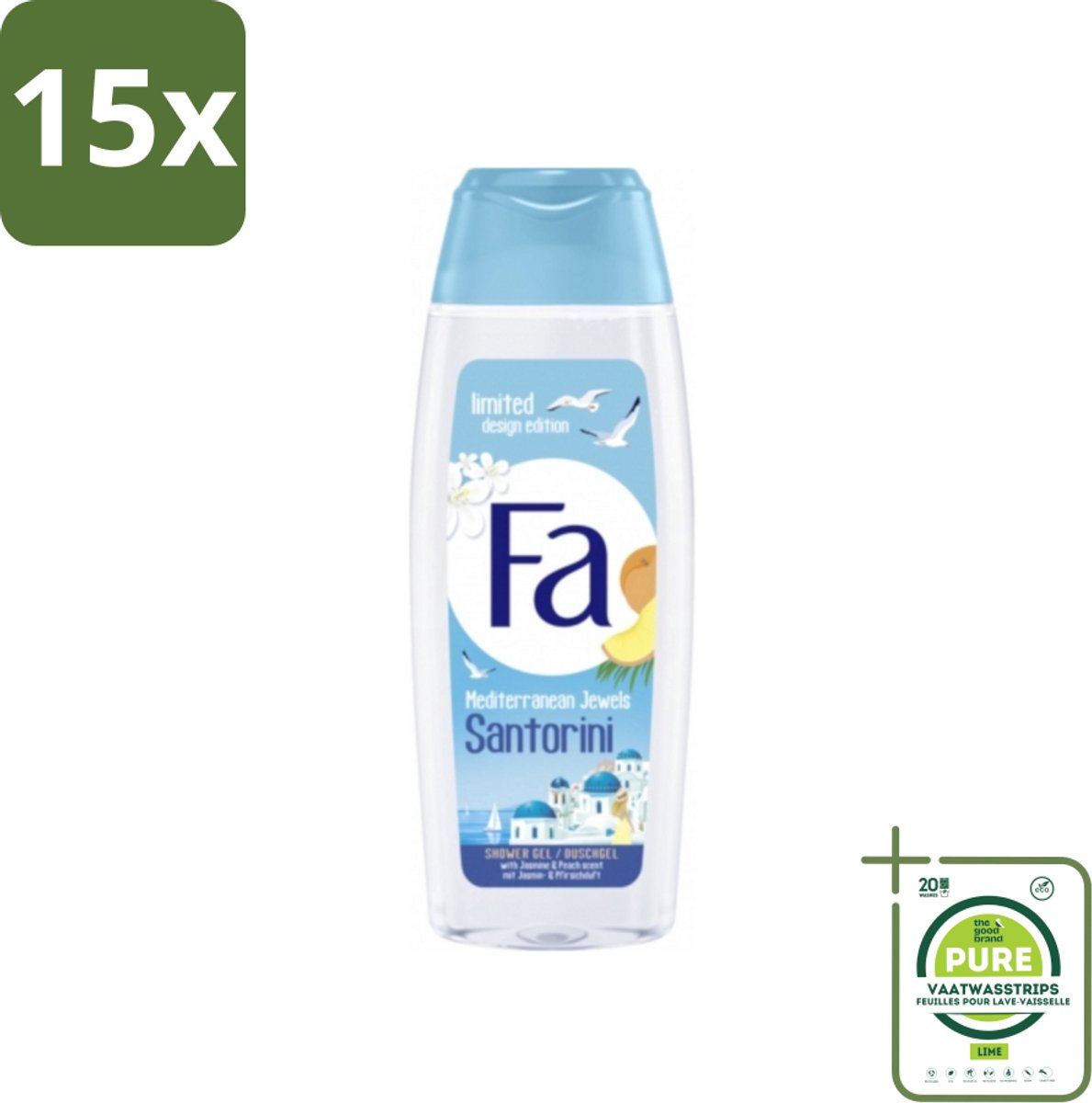 15 x Fa - Douchegel - Mediterranean Jewels Santorini - Verfrissend & Hydraterend - Verzachtend - 250 ml - Grootverpakking - Douchegel Santorini - Verfrissend Douchegel - Hydraterende Douchegel - Verzachtende Douchegel - Mediterrane Geur