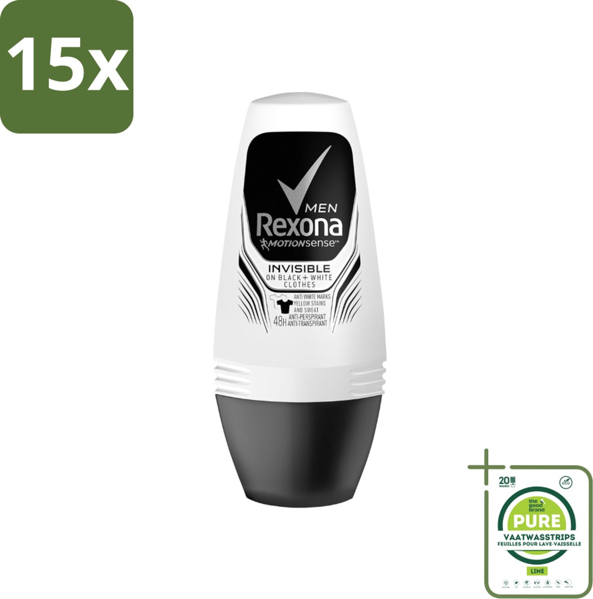 15 x Rexona Men - Invisible On Black & White - Deo Roller - 50 ml - Grootverpakking - Deodorant Voor Mannen - Zweetbescherming - Vlekkenbescherming - Roll-on Deodorant - Frisheid