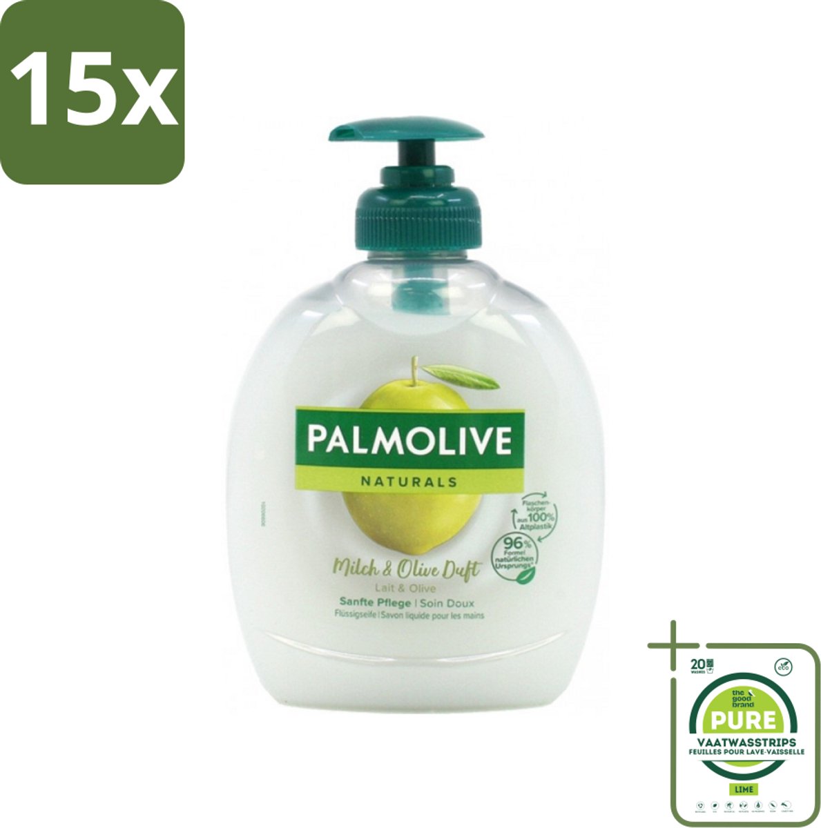 15 x Palmolive Naturals - Handzeep - Melk & Olijf - 300 ml - Grootverpakking - Handzeep Melk En Olijf - Natuurlijke Handzeep - Handen Verzorgen - Melkproteïnen - Olijfextract