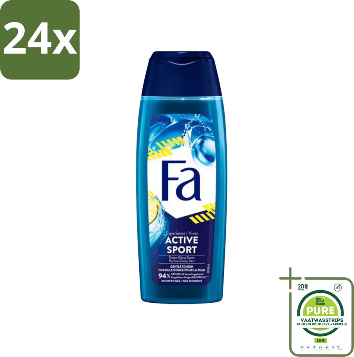 Fa Men - Douchegel - Active Sport - Verfrissend - Green Citrus - 250 ml - Voordeelverpakking - 24 stuks - Deodorant spray - 48 uur bescherming