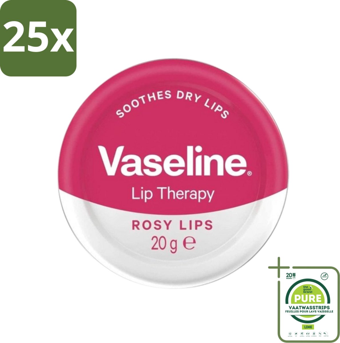 25 x Vaseline - Rosy Lips - Lip Therapy - Verzorgend - 20 g - Grootverpakking - Lippenbalsem - Verzorging - Rosé Lippen - Hydraat - Droge Lippen