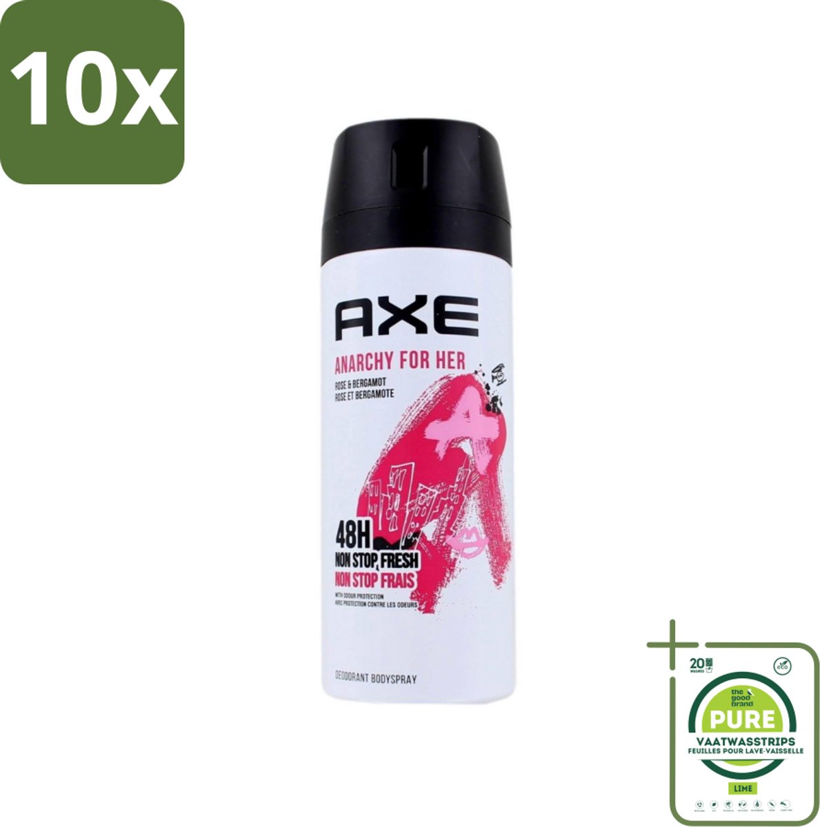 10 x Axe - Deodorant Bodyspray - 48hrs Non Stop Fresh - Anarchy For Her - Rose & Bergamot - 150 ml - Grootverpakking - Axe Anarchy For Her - Deodorant - Roos En Bergamot - Frisse Geur - Vrouwelijkheid
