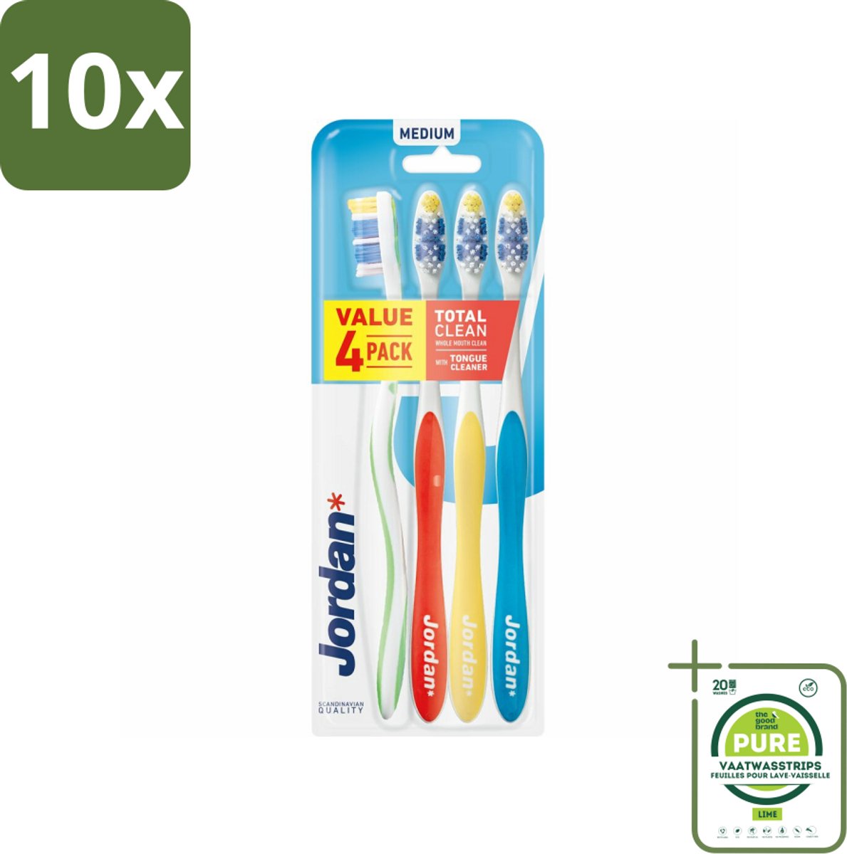 10 x Jordan Tandenborstel Total Clean Medium 4-pack 4 stuks per verpakking - Grootverpakking - Tandenborstel - Mondhygiëne - Tandenborstels - Tandenborstel Set - Tandenborstel Medium