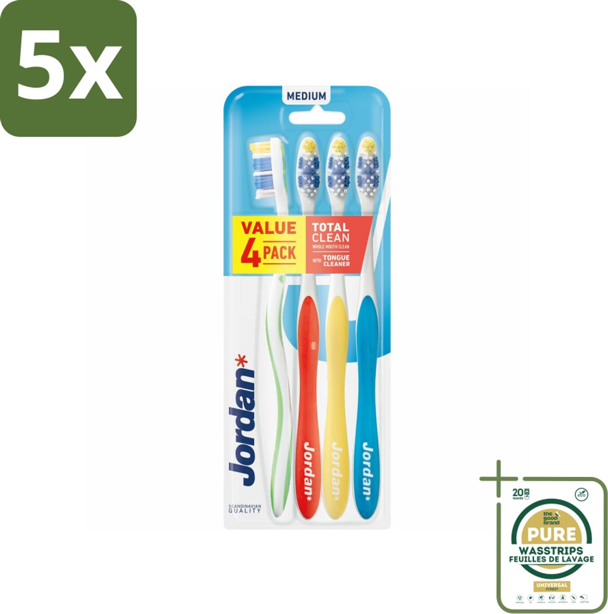 5 x Jordan Tandenborstel Total Clean Medium 4-pack 4 stuks per verpakking - Grootverpakking - Tandenborstel - Mondverzorging - Tandenborstel Set - Tandenborstel Medium - Tandenborstel Voor Gezin