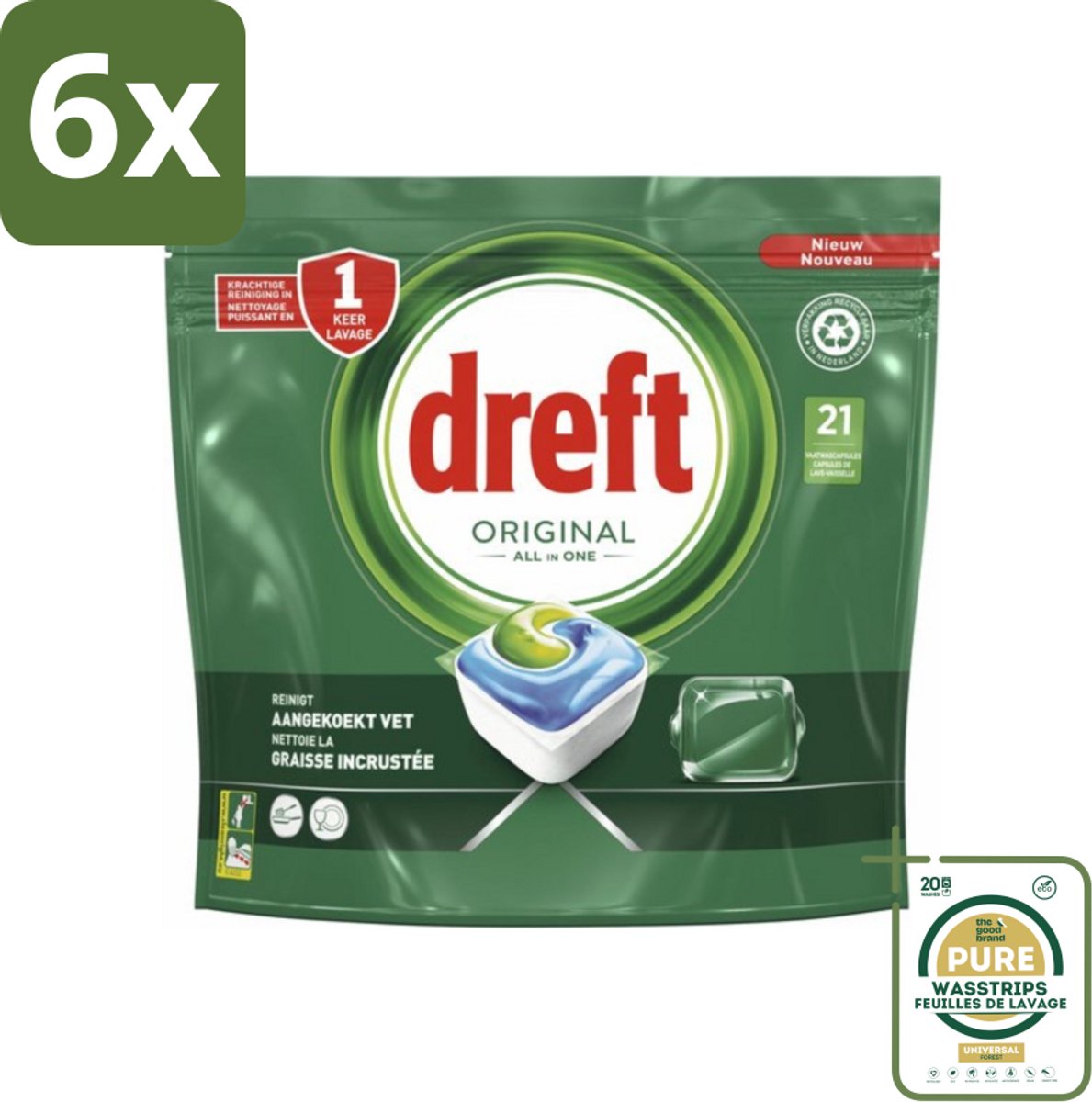 Dreft - Original All In One - Vaatwascapsules - Tegen Aangekoekt Vet - 21 Capsules - Voordeelverpakking - 6 stuks - Reiniging - Vetoplossing
