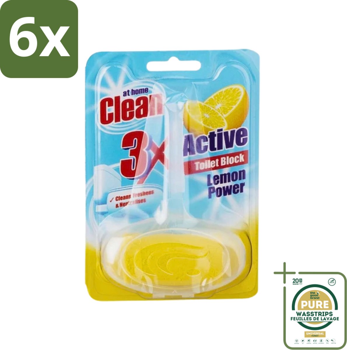 At Home - Clean - Toiletblok - 3in1 Active - Lemon Power - Neutraliseert & Reinigt - 1 Blok - Voordeelverpakking - 6 stuks - Toilet fris - Toilet geuren neutraliseren