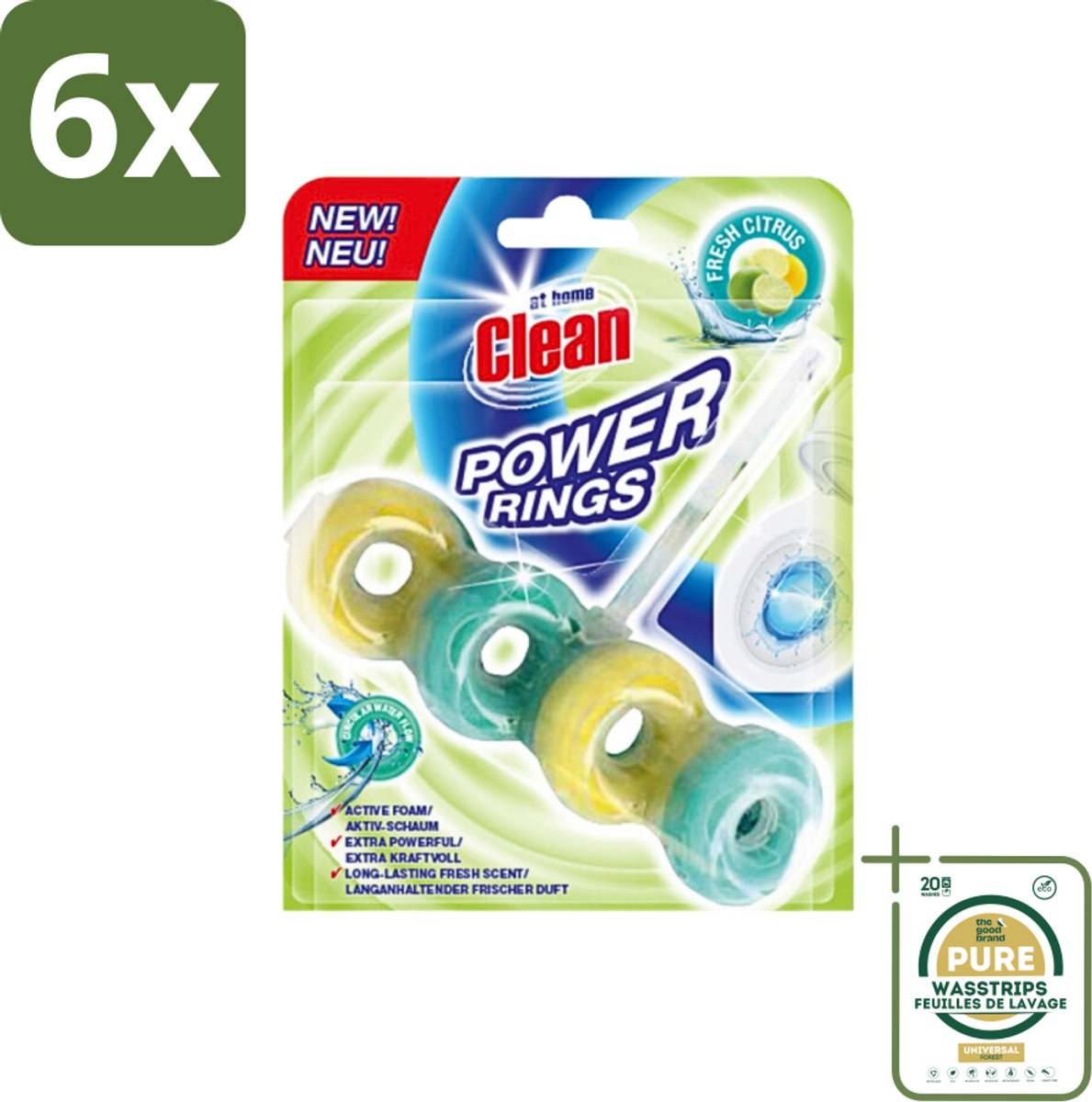 At Home - Clean - Toiletblok - Power Rings - Fresh Citrus - Extra Sterk - 1 Blok - Voordeelverpakking - 6 stuks - Citrusgeur - Power rings