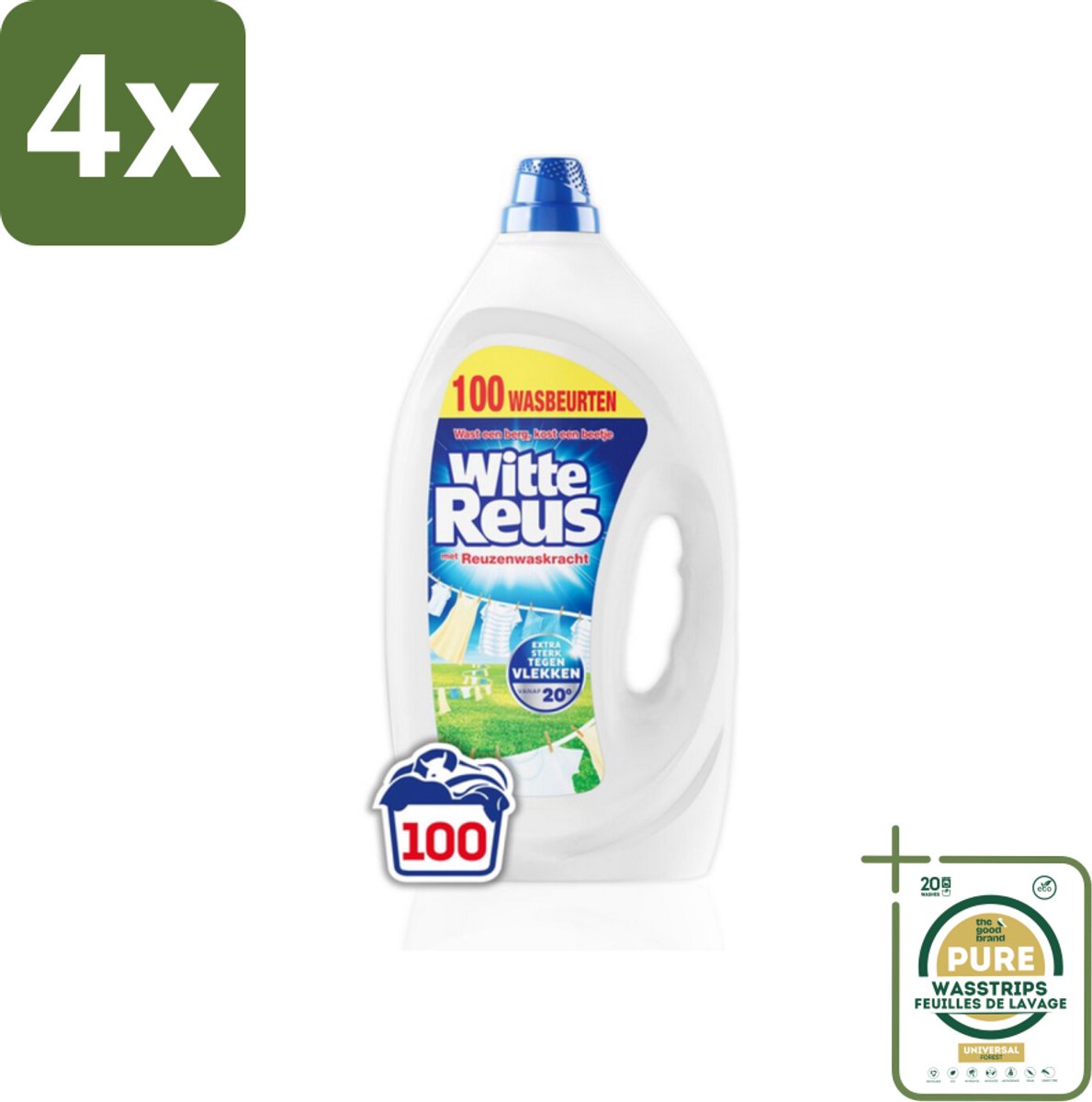 Witte Reus Wasmiddel Gel 100 Wasbeurten 4,5 liter - Voordeelverpakking - 4 stuks - Vloeibaar wasmiddel - Wasbeurten