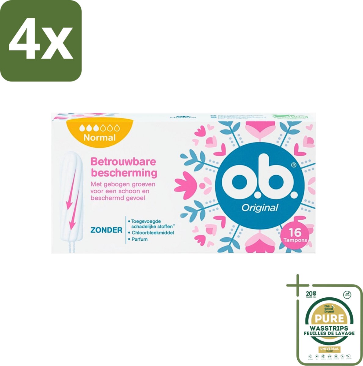 o.b. Tampons - Original Normal - Voor Comfort en Betrouwbare Bescherming - 16 Tampons - Voordeelverpakking - 4 stuks - Plantaardige tampons - Chloorvrije tampons
