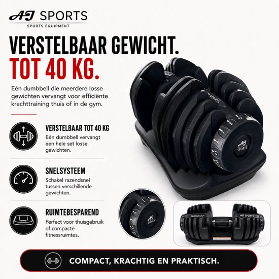 Zwarte verstelbare dumbbell, met tekst "Verstelbaar gewicht. Tot 40 kg.", op een zwarte standaard.