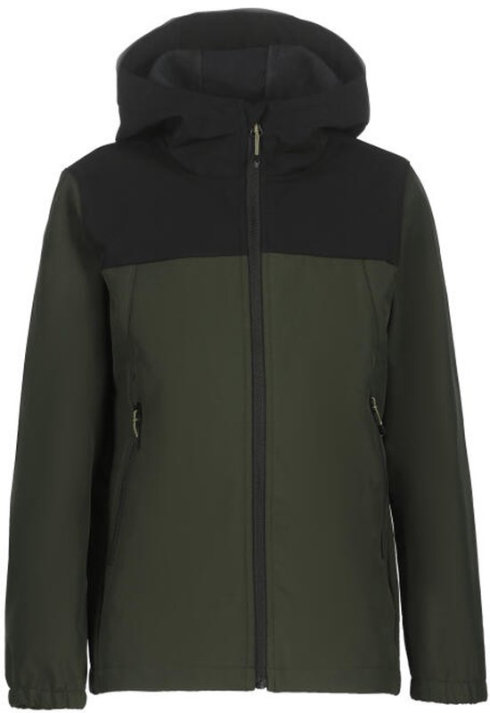Donkergroene en zwarte outdoorjas met capuchon en ritssluiting.