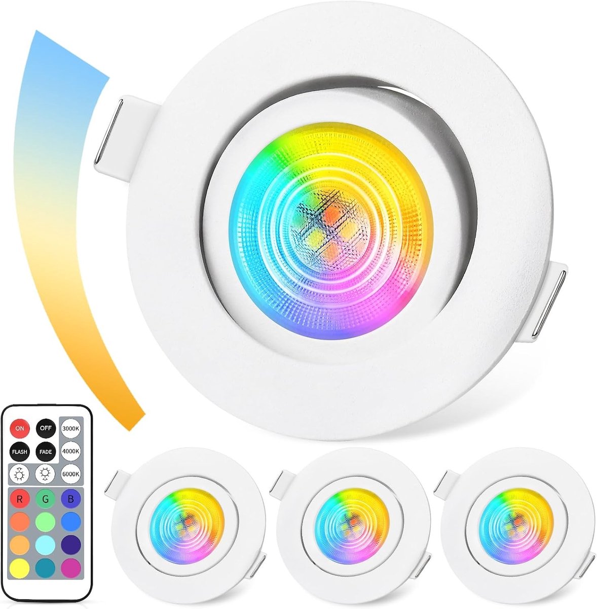 Dimbare RGB LED Inbouwspot met IP44 Bescherming, 5W 3CCT Verstelbare Witte Plafondspots met IR Afstandsbediening, Set van 4 voor Badkamer en Woonkamer