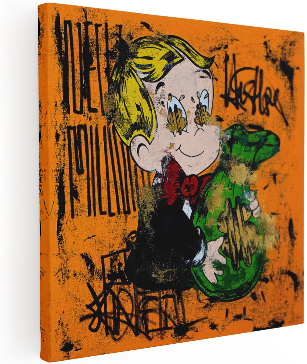 Artaza Canvas Schilderij Richie Rich - 100x100 cm - Groot - Pop Art Wanddecoratie - Muurdecoratie Geldzak Dollar - Graffiti Street Art Decoratie